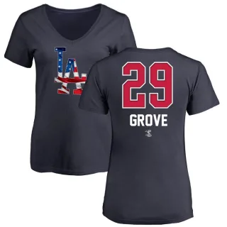Women's Los Angeles Dodgers Michael Grove Navy Name and Number Banner Wave V-Neck T-Shirt